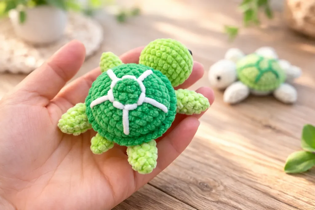 Mini sea turtle pattern back view with embroidered shell detail in white yarn