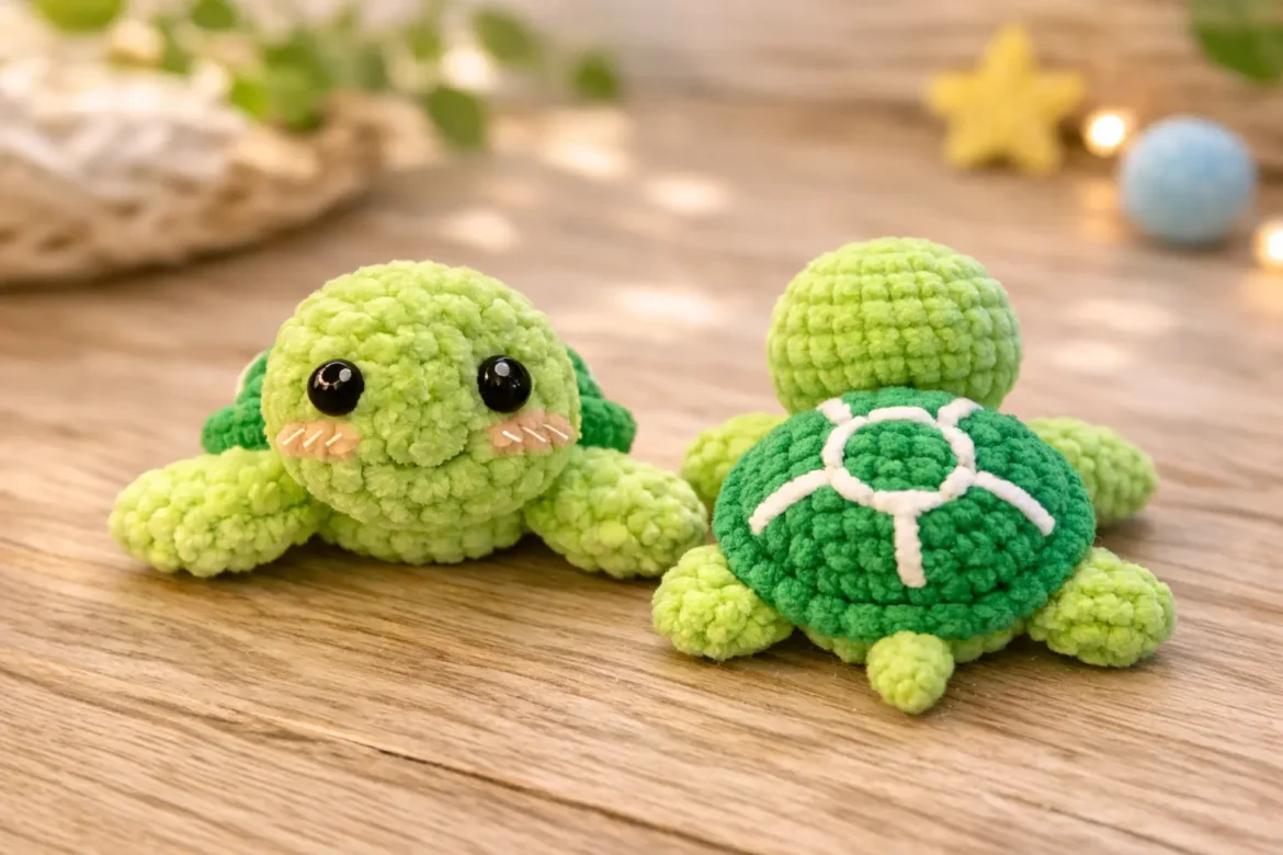 Mini sea turtle pattern finished crochet turtles showing front and back views