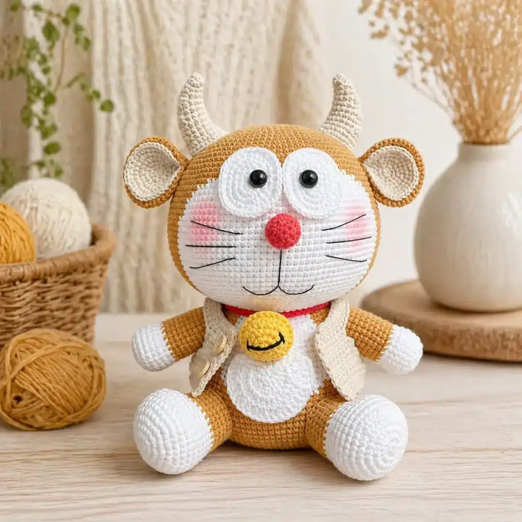 Brown Calf Crochet Pattern finished amigurumi with white face, cream horns, red nose, vest, and yarn balls in a cozy craft background.