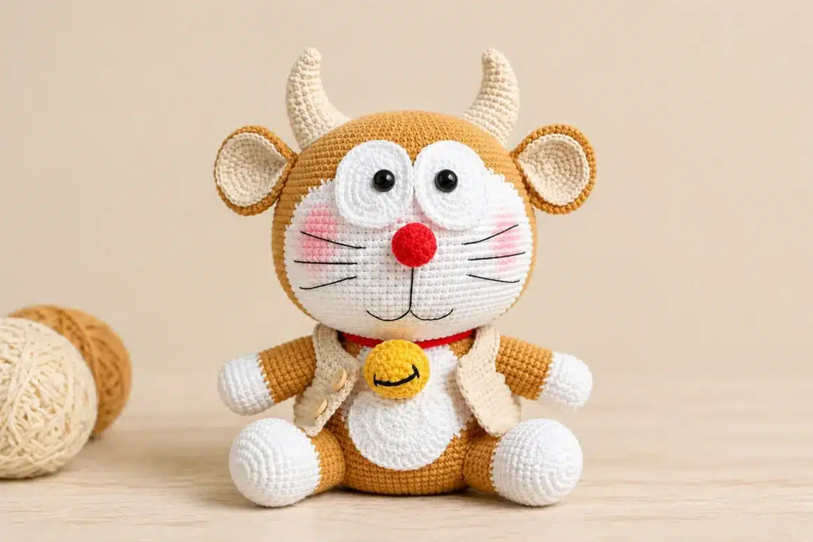 Brown Calf Crochet Pattern amigurumi sitting on a simple wooden surface with white hooves, cream horns, red nose, and handmade vest.