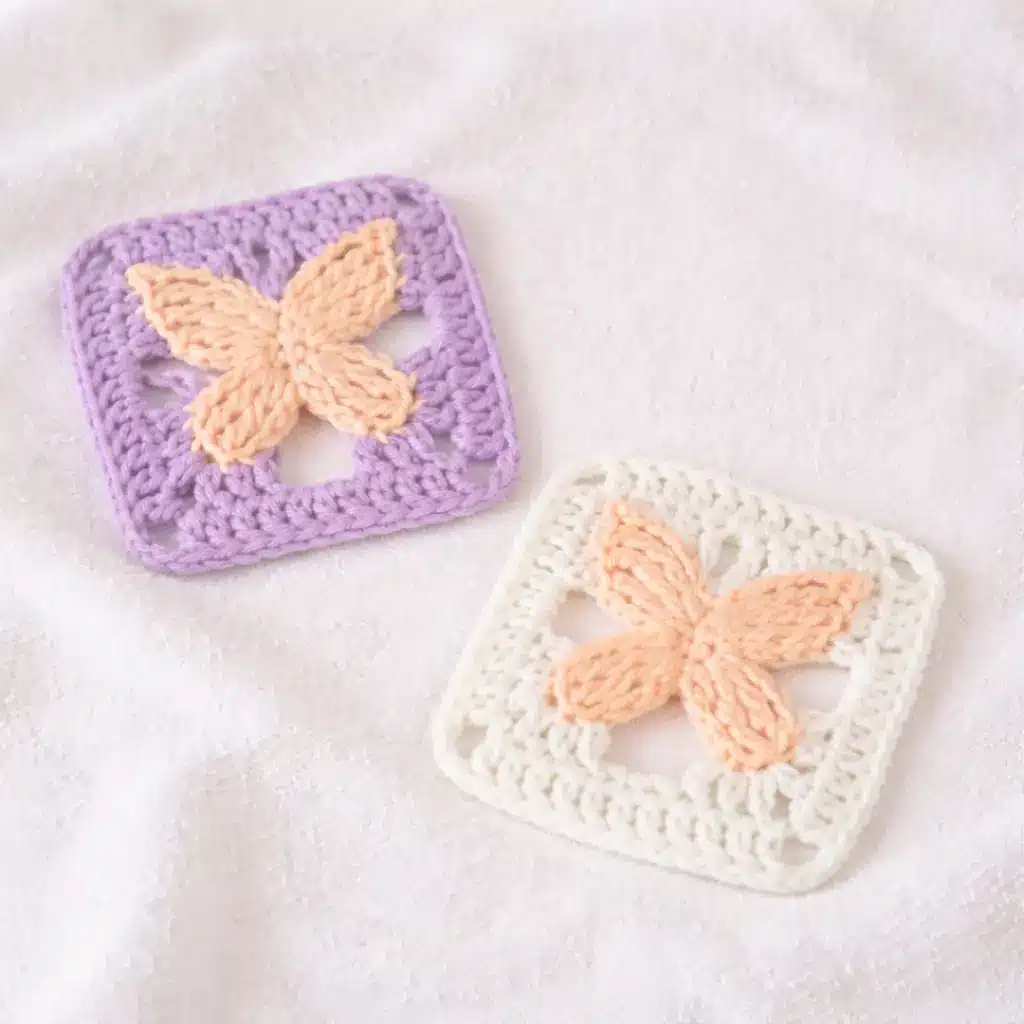 Finished Butterfly Granny Square Pattern in pastel lavender and cream crochet squares