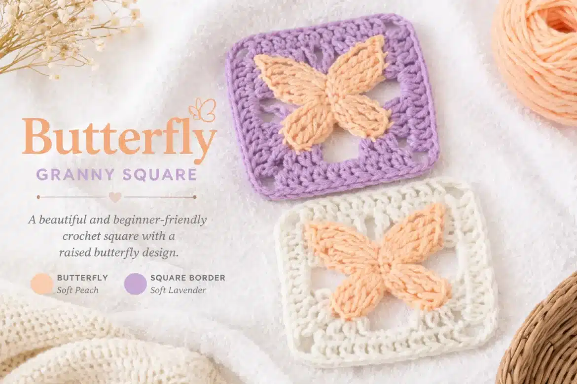 Butterfly Granny Square Pattern featured image with pastel crochet squares and raised butterfly design
