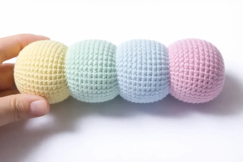 Body step for pastel caterpillar crochet pattern showing four pastel crochet body segments