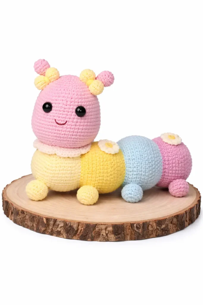 Pastel caterpillar crochet pattern final model on wooden slice with clean white background
