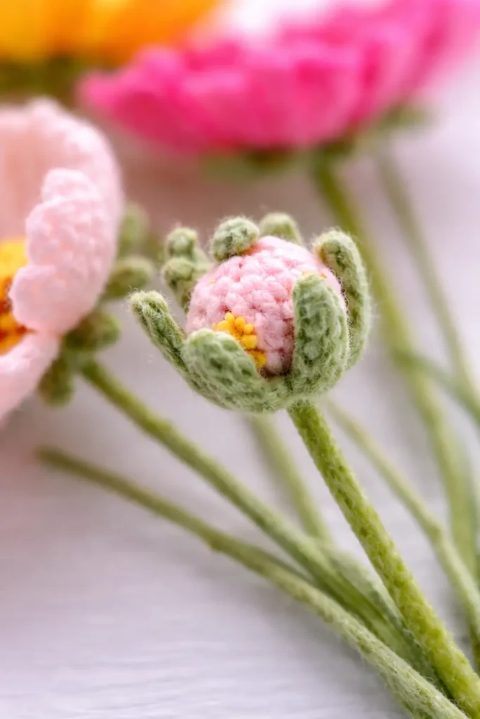 Crochet cosmos flower bouquet pattern bud close-up with green calyx and pink center