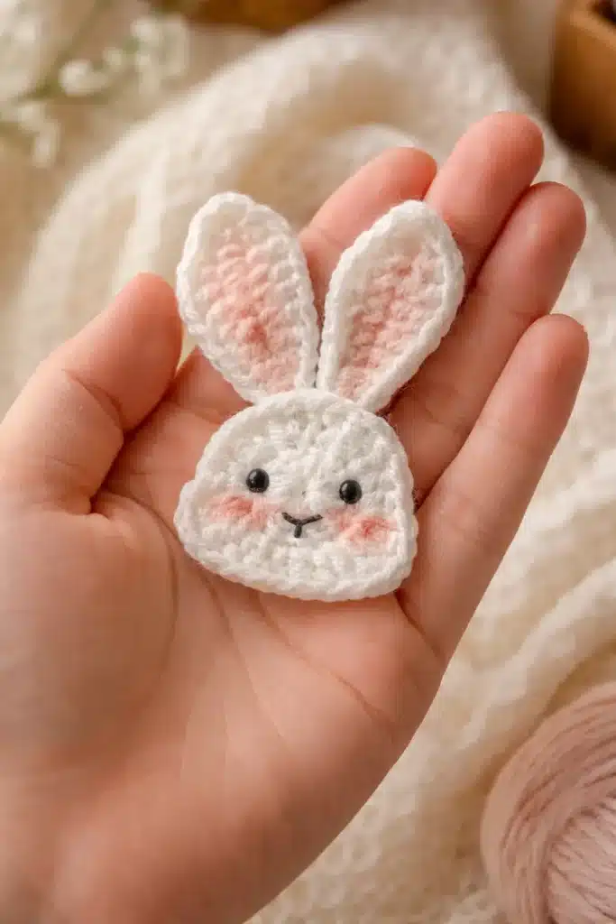 Flat bunny applique crochet pattern held in hand showing white bunny face with pink ears and embroidered features