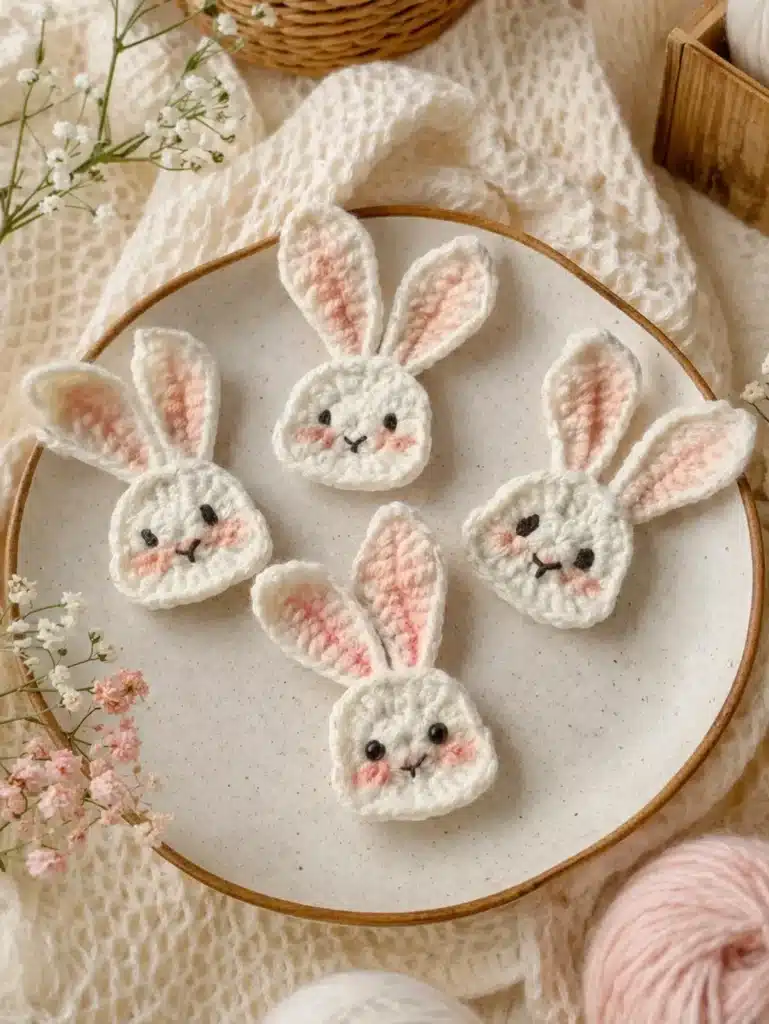 Flat bunny applique crochet pattern with four cute white crochet bunny faces arranged on a ceramic plate