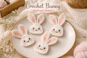 Flat Bunny Applique Crochet Pattern: 7 Cute Ways to Use This Easy Bunny Motif Flat bunny applique crochet pattern title image with four crochet bunny appliques on a plate in a soft pastel setting