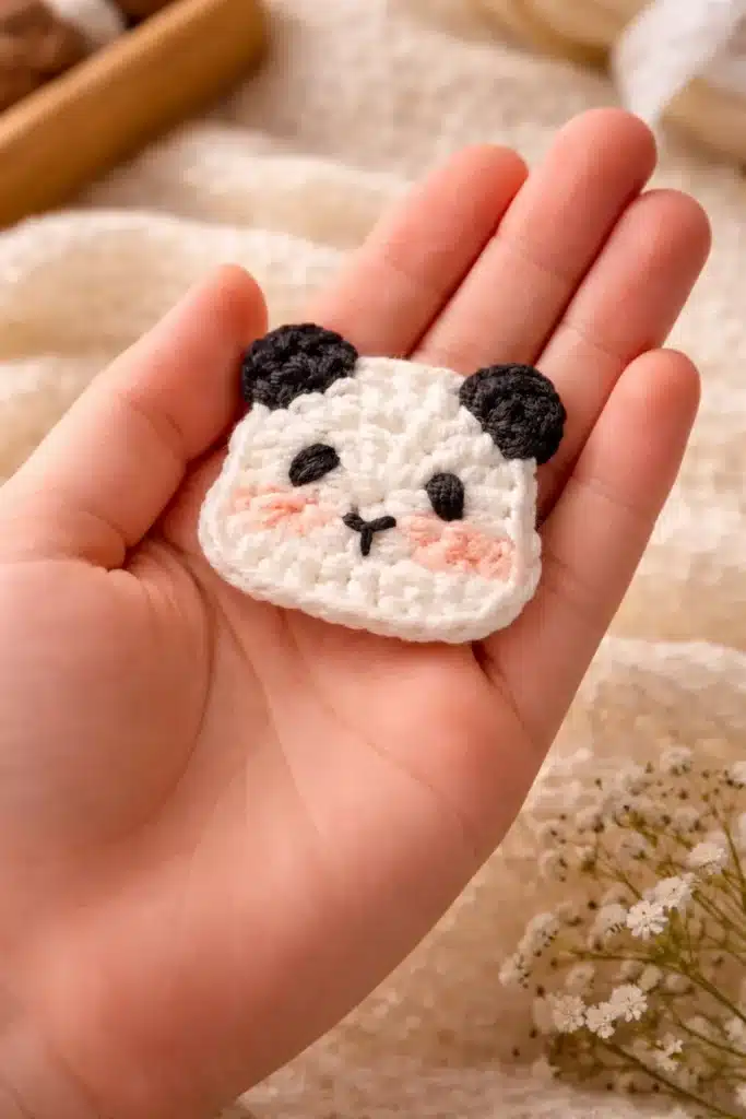 Flat panda appliqué crochet pattern held in hand showing the finished mini crochet panda face detail