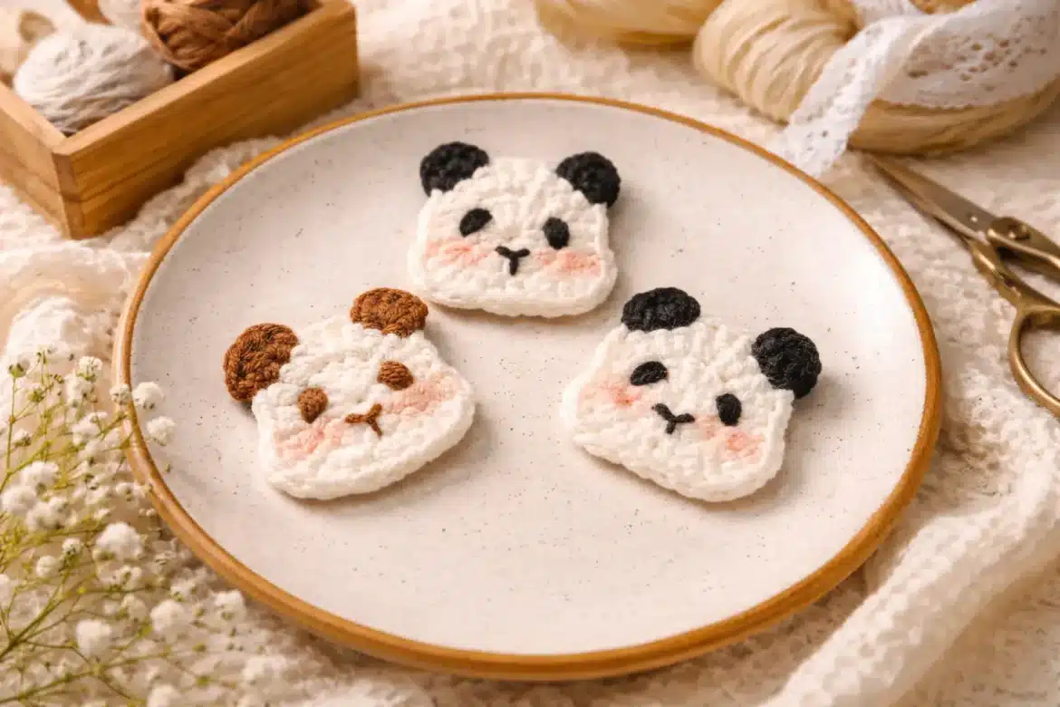 Flat panda appliqué crochet pattern with three cute crochet animal face appliqués displayed on a ceramic plate