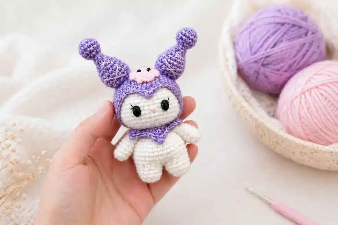 Kuromi-Inspired Amigurumi Crochet Pattern featured image with purple hooded bunny doll, pastel yarn balls, and crochet hook
