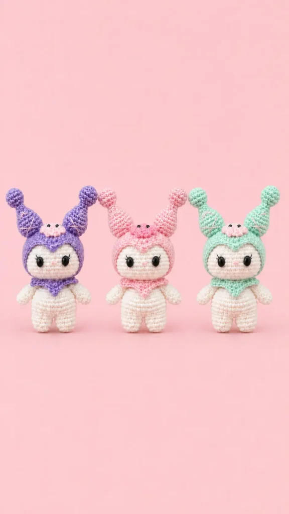 Three color variations of a Kuromi-Inspired Amigurumi Crochet Pattern in purple, pink, and mint green on a pastel pink background