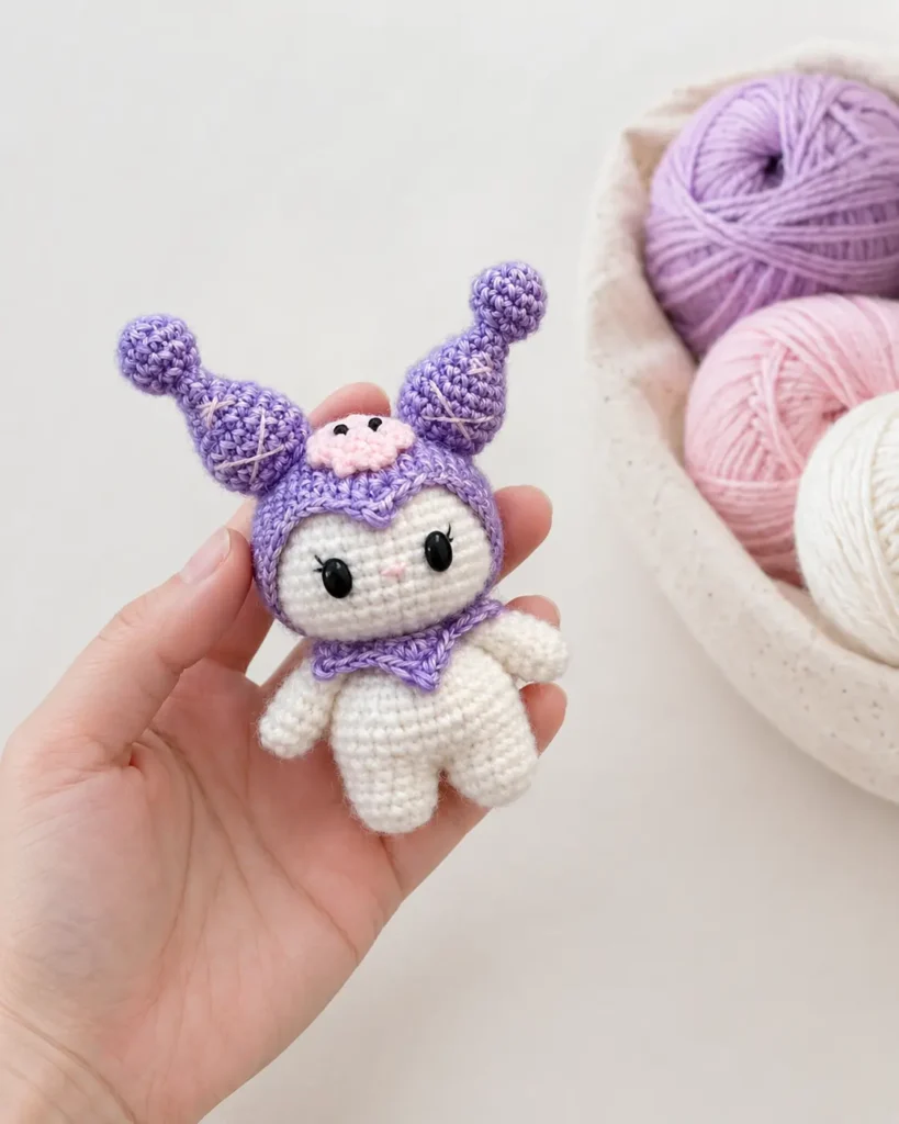Kuromi-Inspired Amigurumi Crochet Pattern doll held in hand with purple hood, pom-pom ears, pink applique, and yarn balls in the background