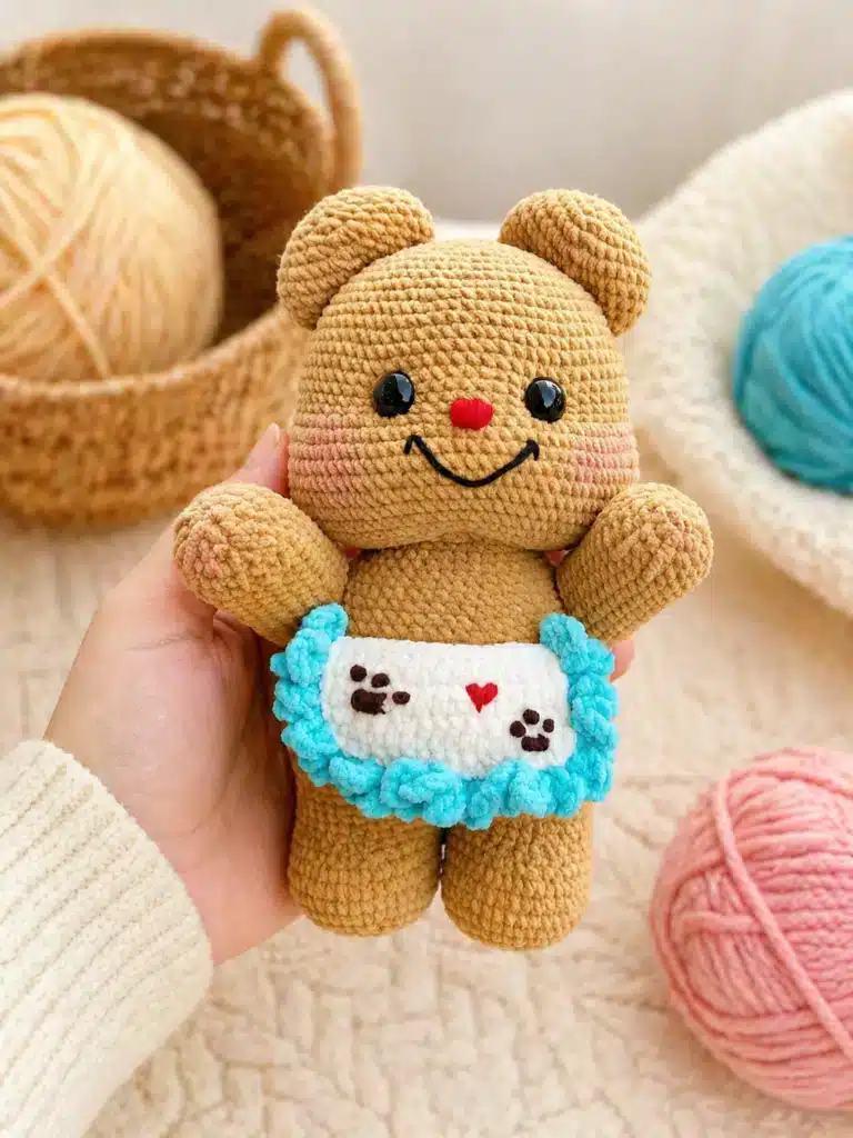 Mini butter bear crochet pattern front view with white apron and aqua blue ruffle