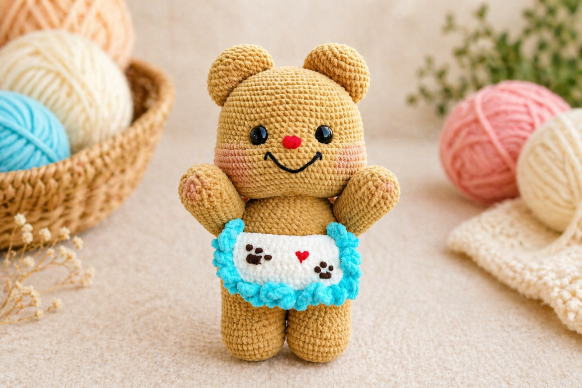 Mini butter bear crochet pattern featured image with yarn balls and ruffled apron