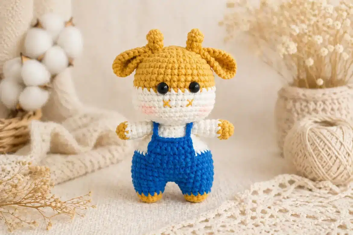 Finished Mini Cow Amigurumi Pattern standing on a soft crochet background with blue overalls, mustard horns, floppy ears, and handmade details