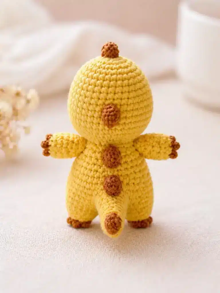 Mini Milk Dragon Crochet Pattern back view showing yellow crochet body, brown back spikes, small tail, and tiny brown toes.
