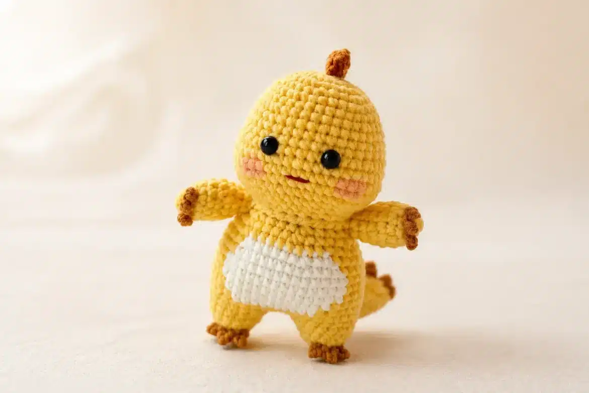 Mini Milk Dragon Crochet Pattern finished amigurumi with yellow body, white belly, tiny brown horn, black eyes, and pink cheeks.