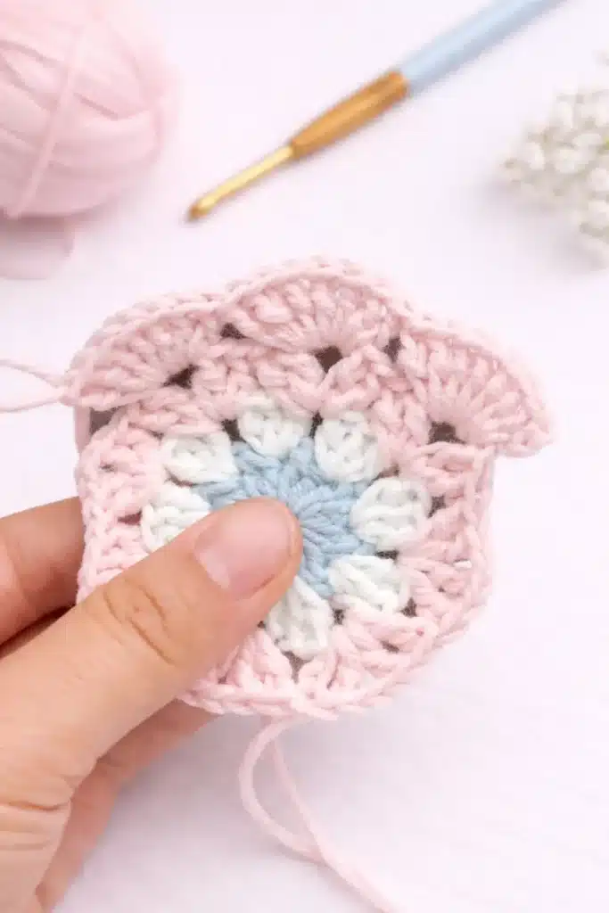 Pastel floral granny square crochet pattern with pink floral round in progress