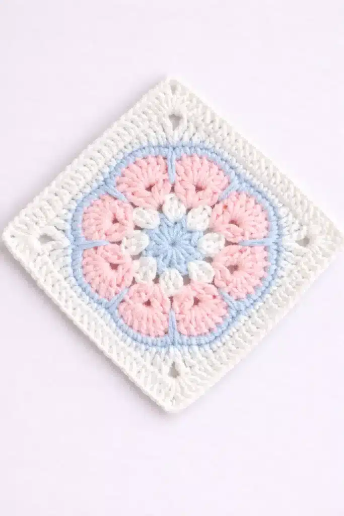 Finished pastel floral granny square crochet pattern single motif flat lay