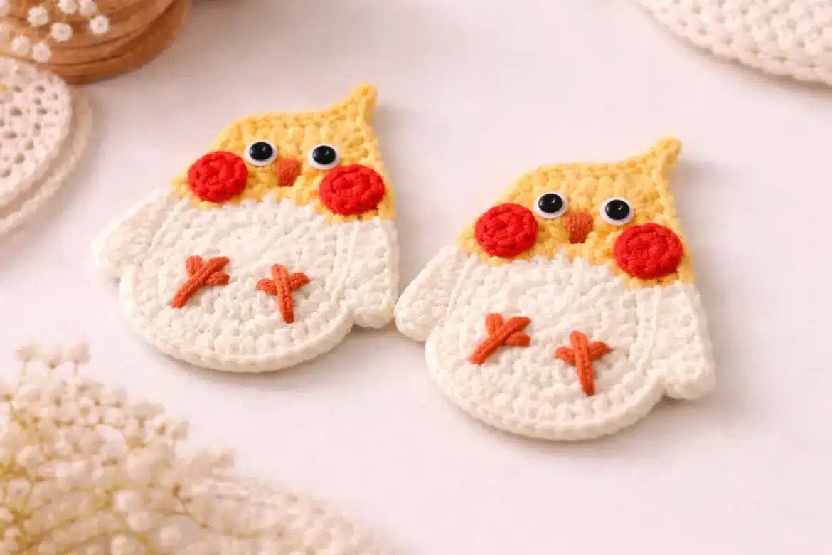 Two finished Round Cockatiel Applique Crochet Pattern pieces displayed on a light background