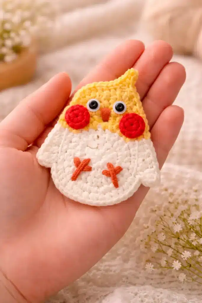 Finished Round Cockatiel Applique Crochet Pattern held in hand with yellow head, red cheeks, and white round body