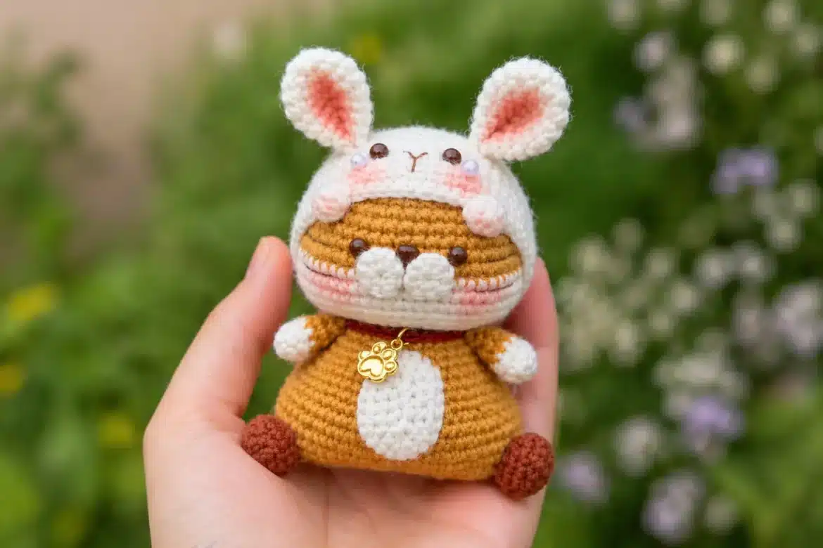 Sitting tiger in bunny hood crochet pattern held in hand with garden background
