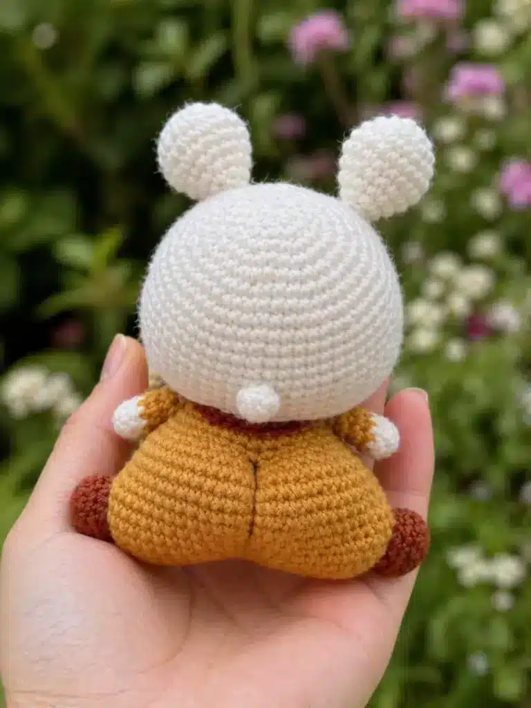 Back view of sitting tiger in bunny hood crochet pattern showing white hood, bunny ears, and tiny tail