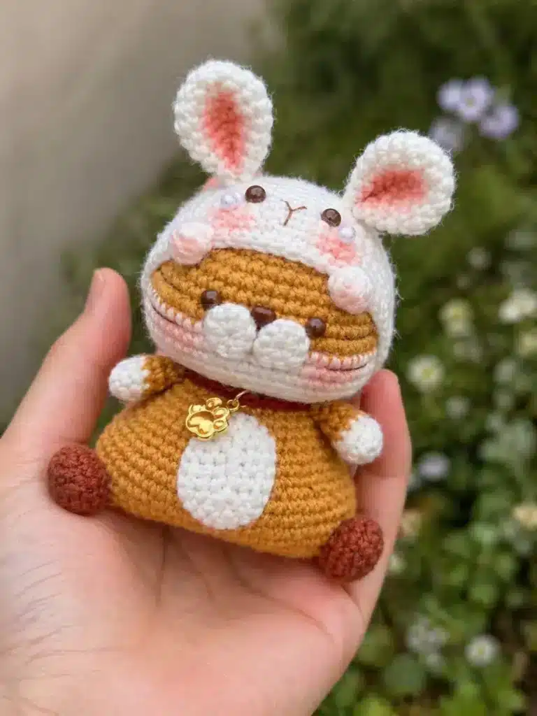 Sitting tiger in bunny hood crochet pattern with white bunny ears, pink cheeks, and gold charm