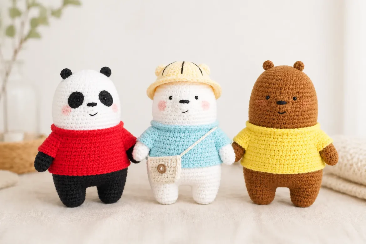 Three Bare Bears Crochet Pattern trio with panda bear, white bear, and brown bear