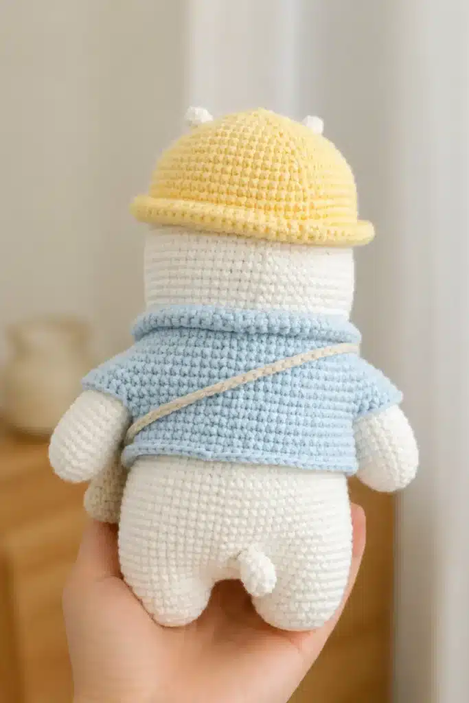 Back view of Three Bare Bears Crochet Pattern white bear with blue sweater and yellow hat