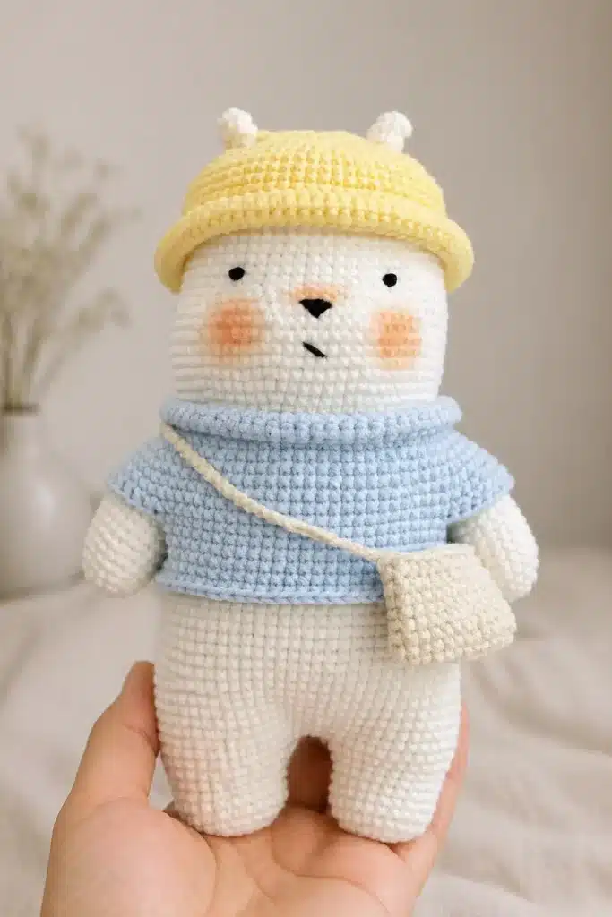 Three Bare Bears Crochet Pattern white bear with yellow hat, blue sweater, and tiny bag