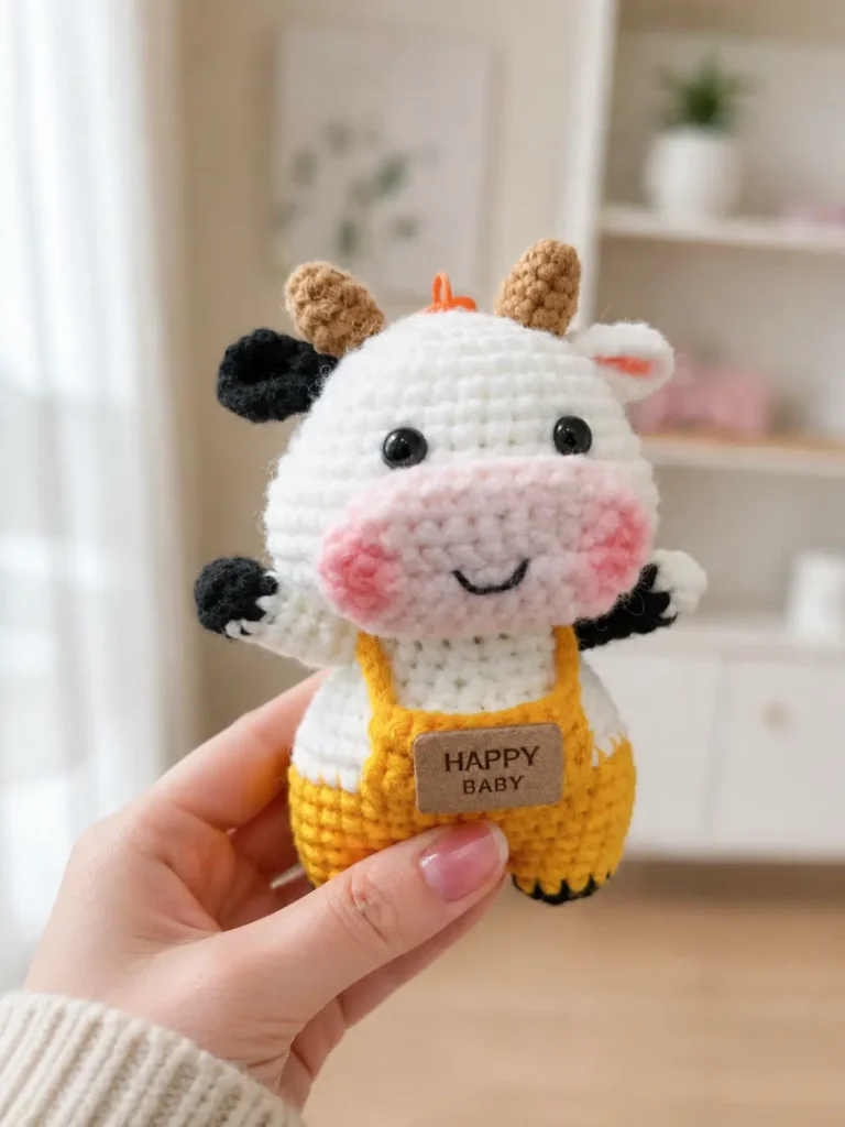 Zodiac Cow Crochet Pattern amigurumi cow held in hand with yellow overalls, pink muzzle, tiny horns, and mixed black and white ears