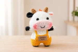 Zodiac Cow Crochet Pattern โ Free Amigurumi Cow Tutorial Zodiac Cow Crochet Pattern finished amigurumi cow sitting on a wooden table with yellow overalls, pink muzzle, beige horns, and cute baby cow face