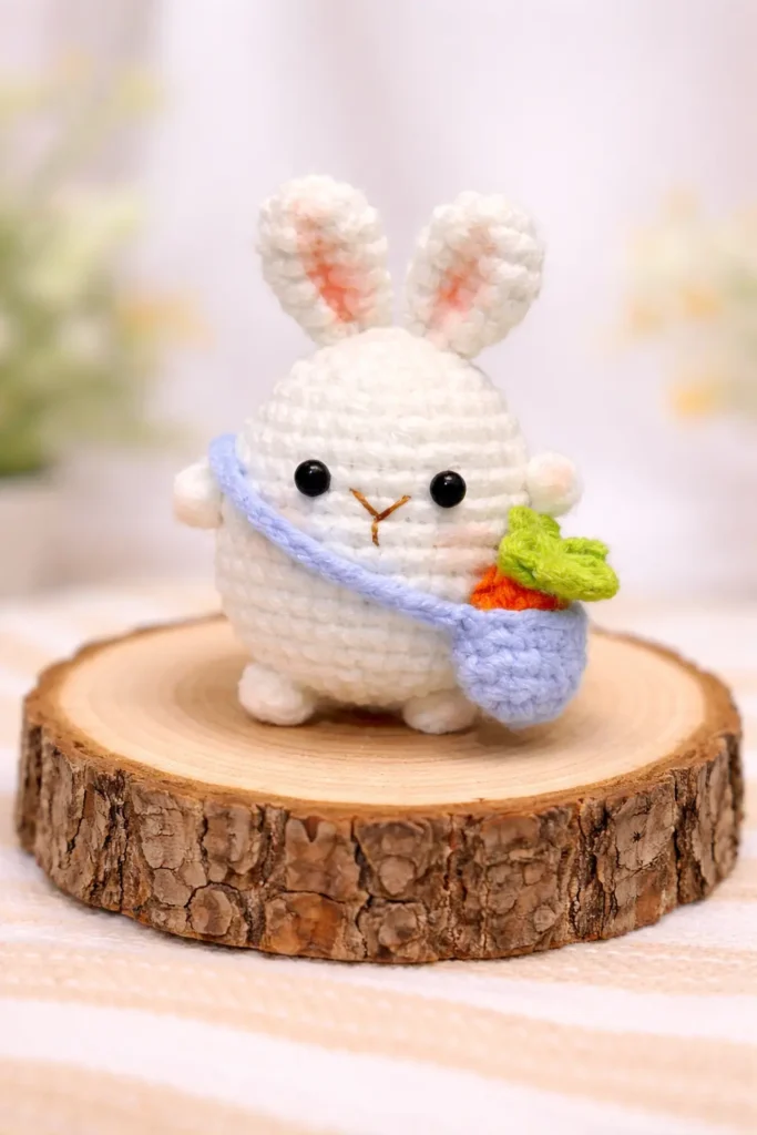 Mini bunny with carrot bag crochet pattern standing on a wood slice front view
