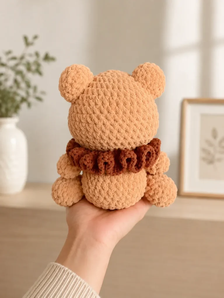 Back view of bear crochet pattern free teddy with ruffled collar