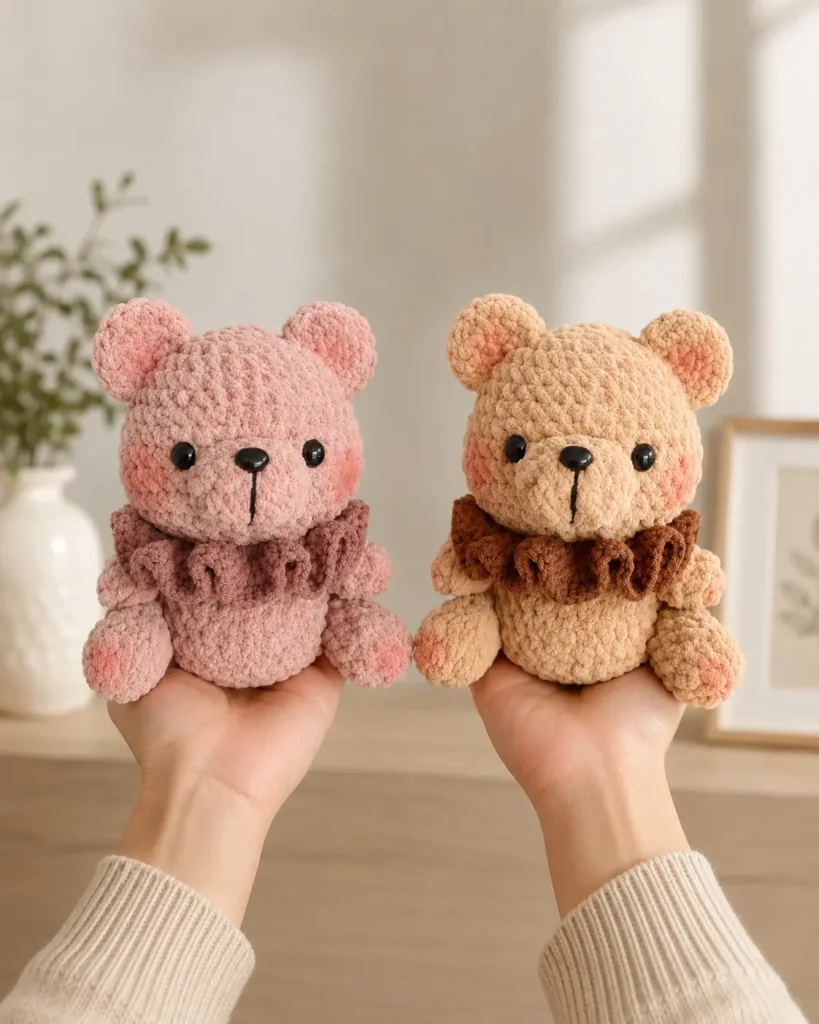 Bear crochet pattern free color variations in beige and pink plush yarn