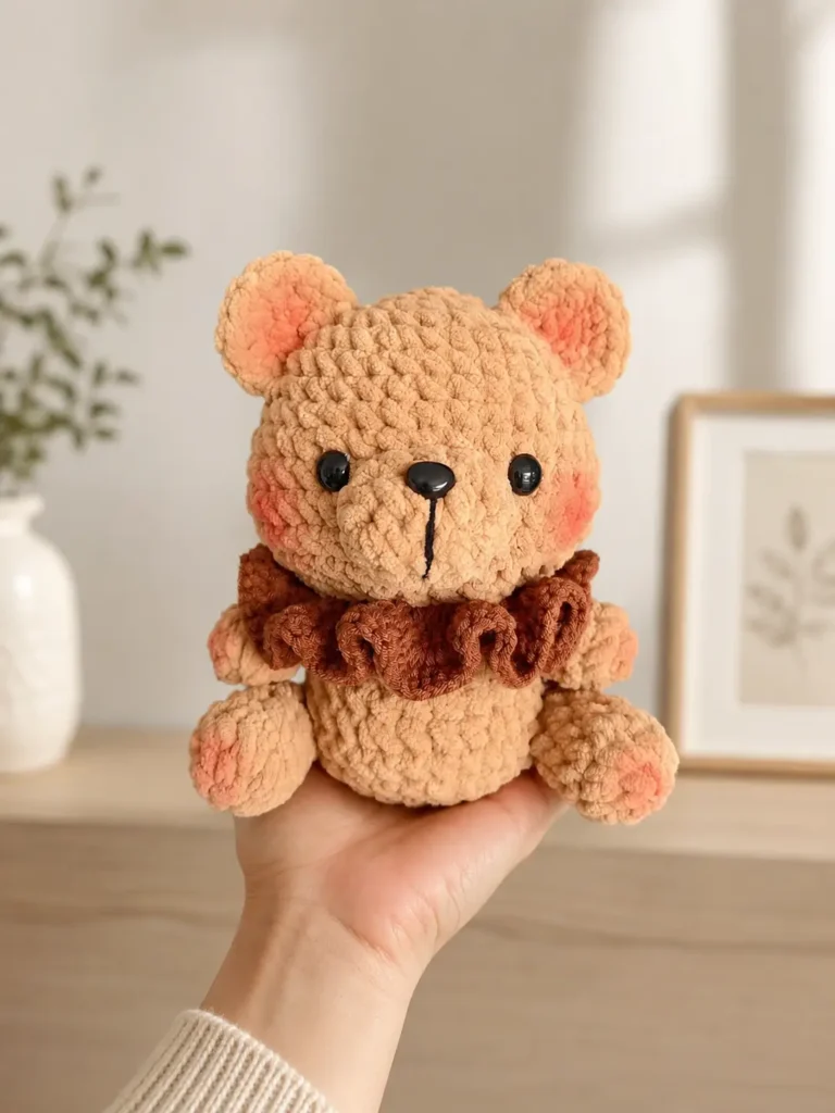 Bear crochet pattern free teddy bear with brown ruffled collar held in hand