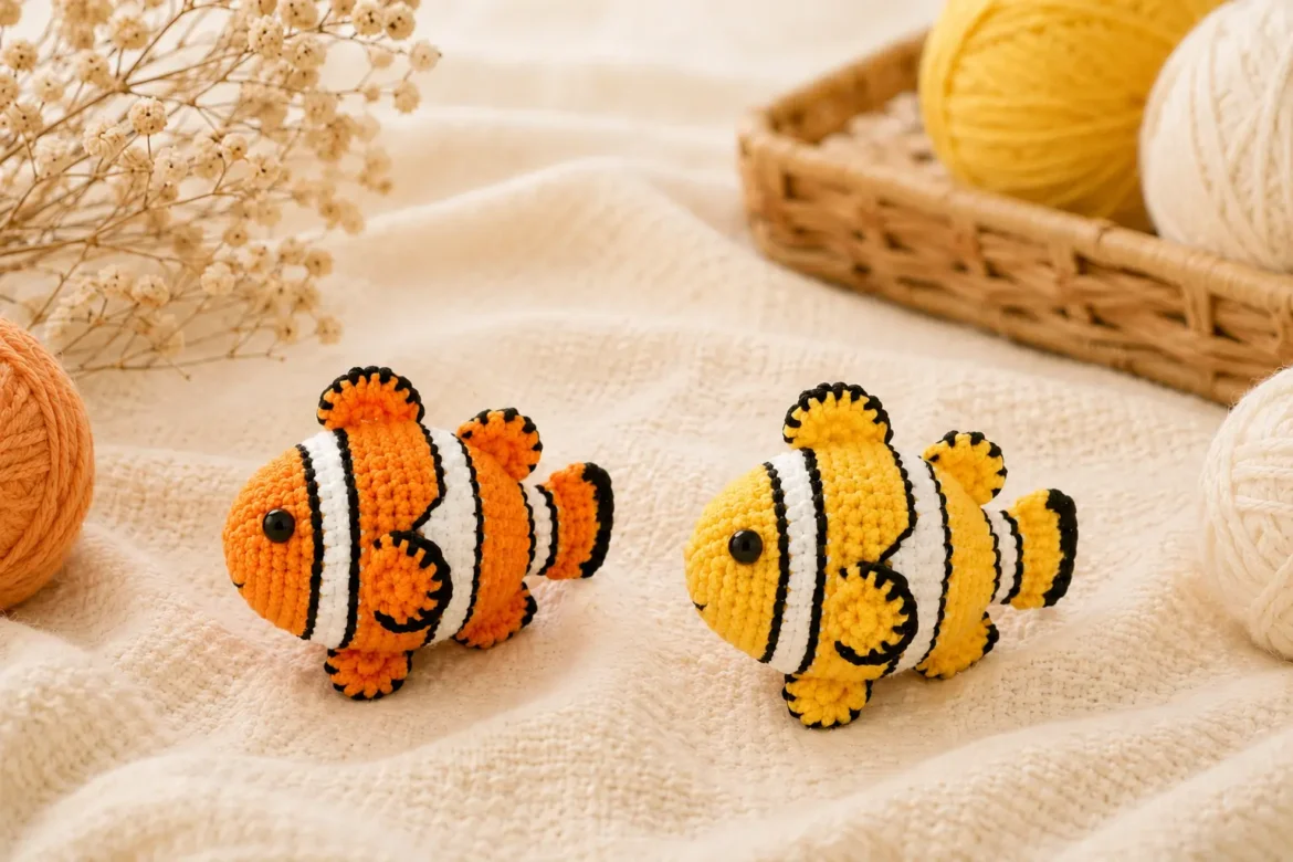 Clownfish Amigurumi Crochet Pattern featuring two handmade crochet fish on a cozy yarn background