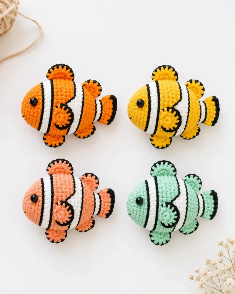 Clownfish Amigurumi Crochet Pattern with four colorful crochet fish variations in orange, yellow, peach, and mint
