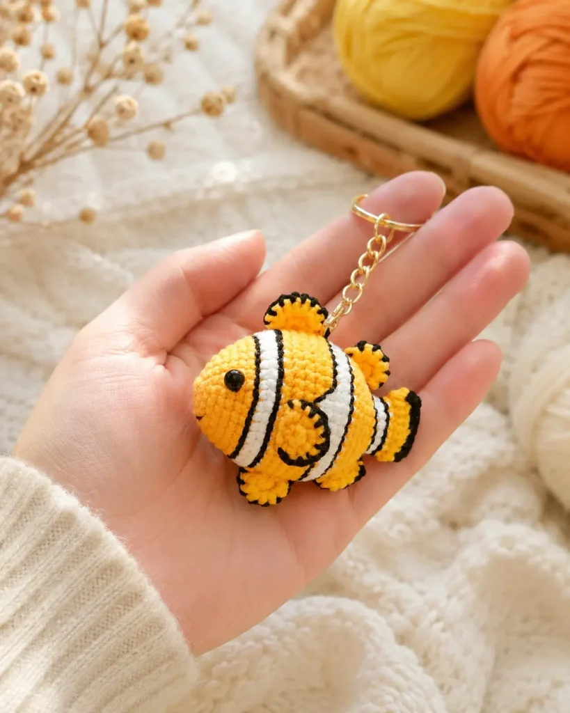 Clownfish Amigurumi Crochet Pattern keychain held in hand with yellow yarn and black stripe details