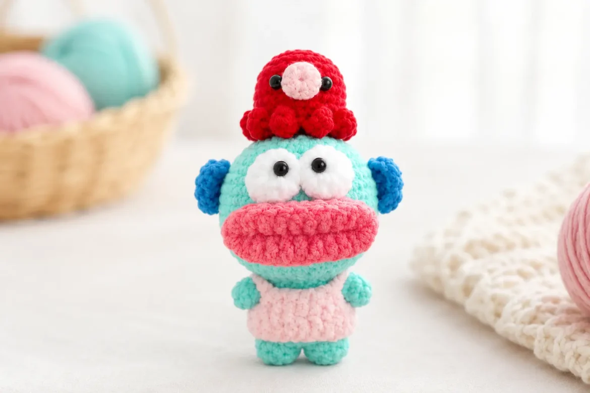 Little Sea Doll Crochet Pattern finished amigurumi toy with red octopus accessory, pink mouth, blue fins, and pastel crochet yarn background