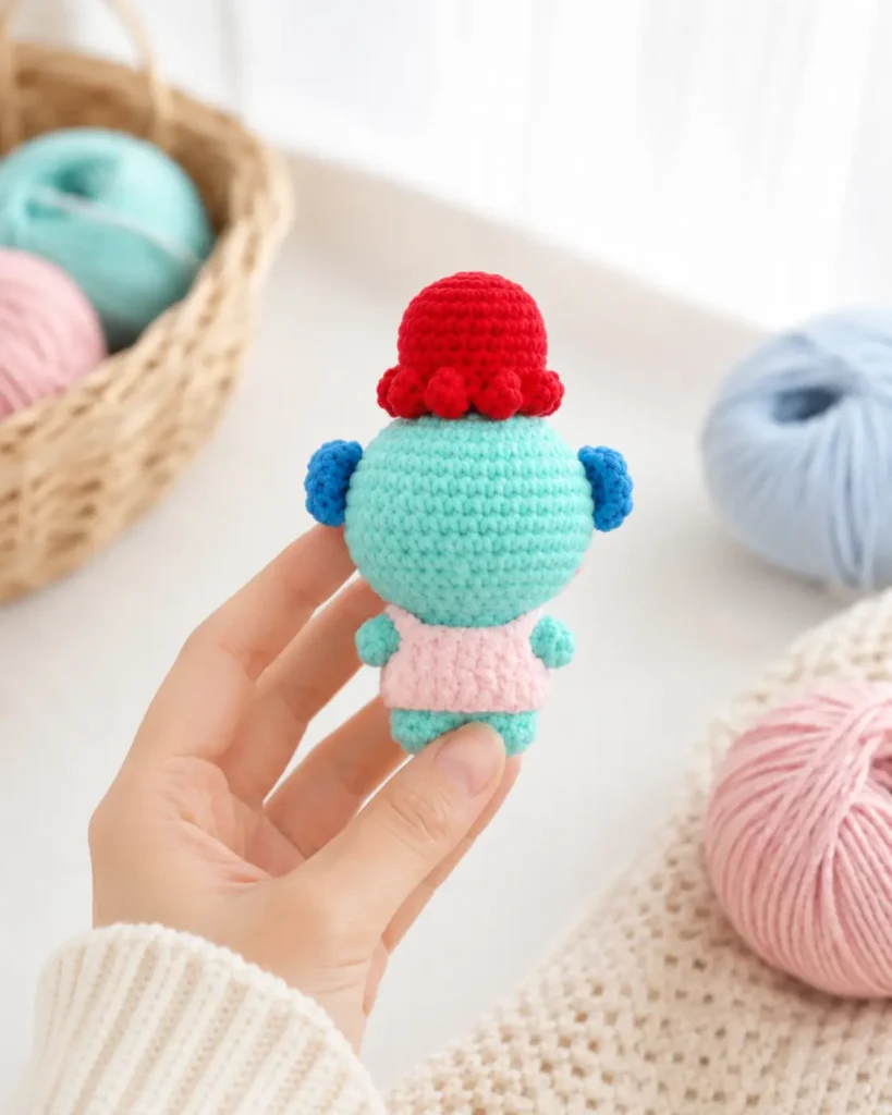 Little Sea Doll Crochet Pattern back view showing turquoise crochet body, pink dress, blue side fins, and red octopus accessory on top
