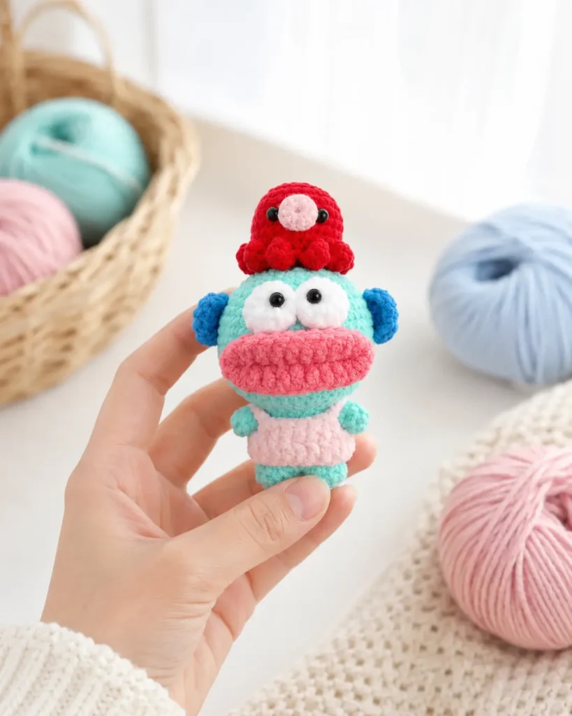 Little Sea Doll Crochet Pattern front view with big white eyes, pink mouth, red octopus hat, blue fins, and pastel pink dress held in hand