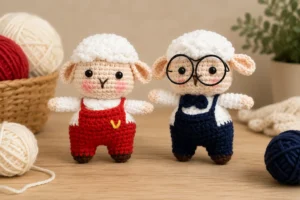 Little Zodiac Sheep Crochet Pattern Little Zodiac Sheep Crochet Pattern red and blue mini sheep amigurumi dolls on a crochet table