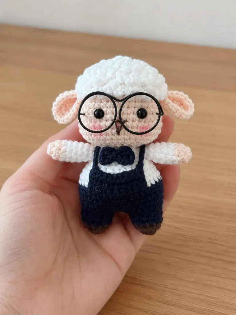 Little Zodiac Sheep Crochet Pattern blue sheep amigurumi with glasses and navy overalls