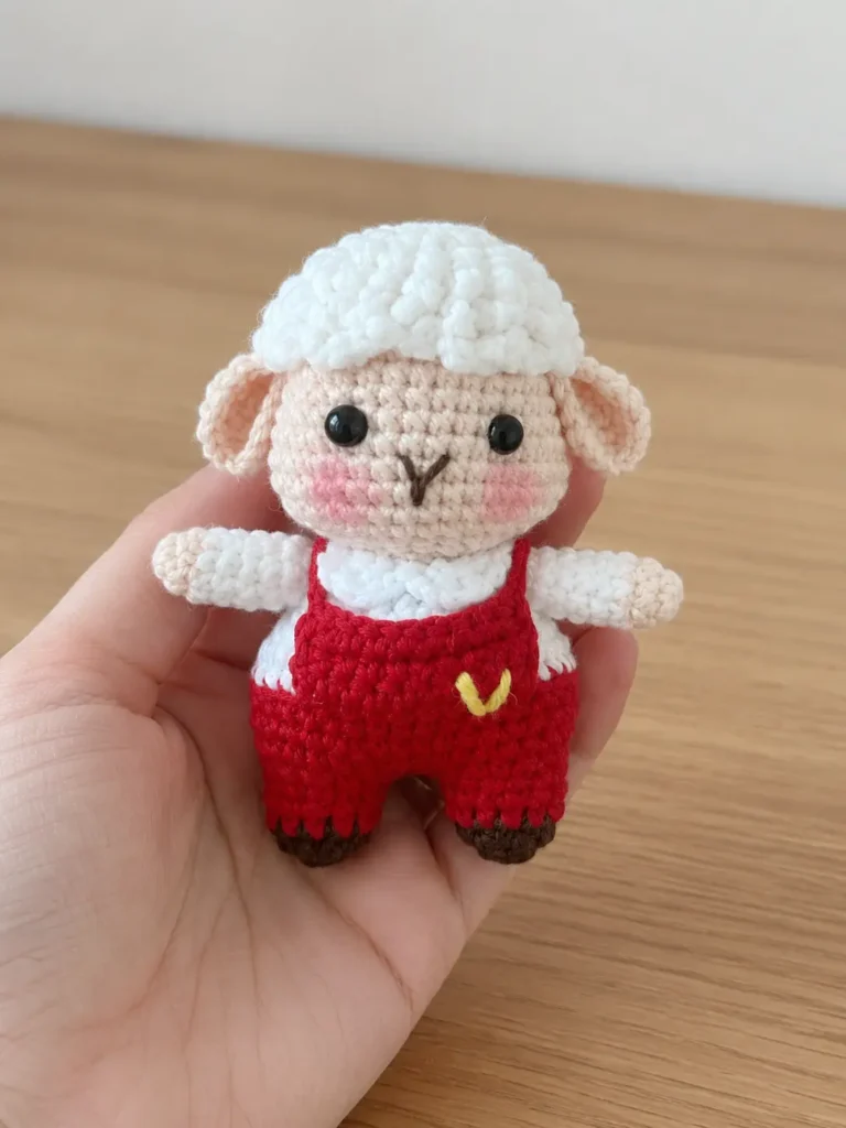 Little Zodiac Sheep Crochet Pattern red sheep amigurumi with white wool cap and red overalls