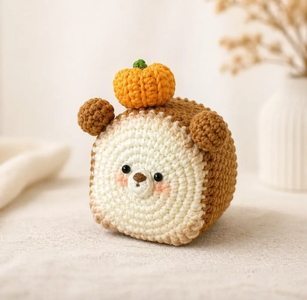 Mini Bear Pumpkin Toast Crochet Pattern front view with cute bear face and pumpkin topper