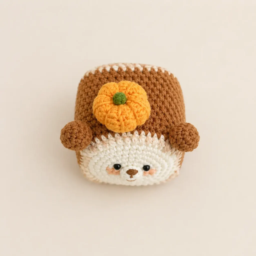 Mini Bear Pumpkin Toast Crochet Pattern top view showing pumpkin and rounded bear ears