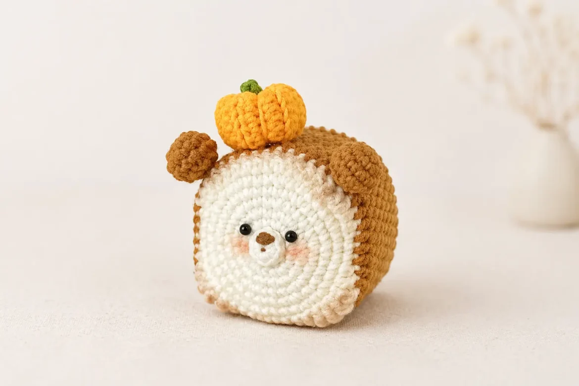 Mini Bear Pumpkin Toast Crochet Pattern finished amigurumi with pumpkin decoration